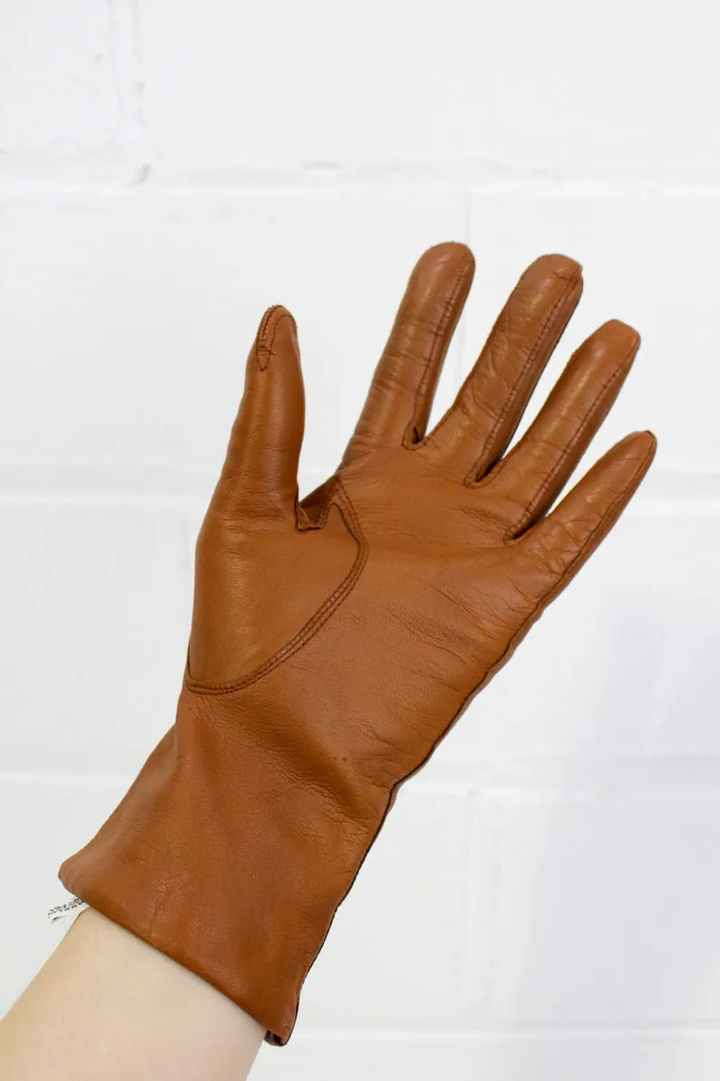 1970s Deadstock Tan Leather Wool Lined Gloves, Size 7