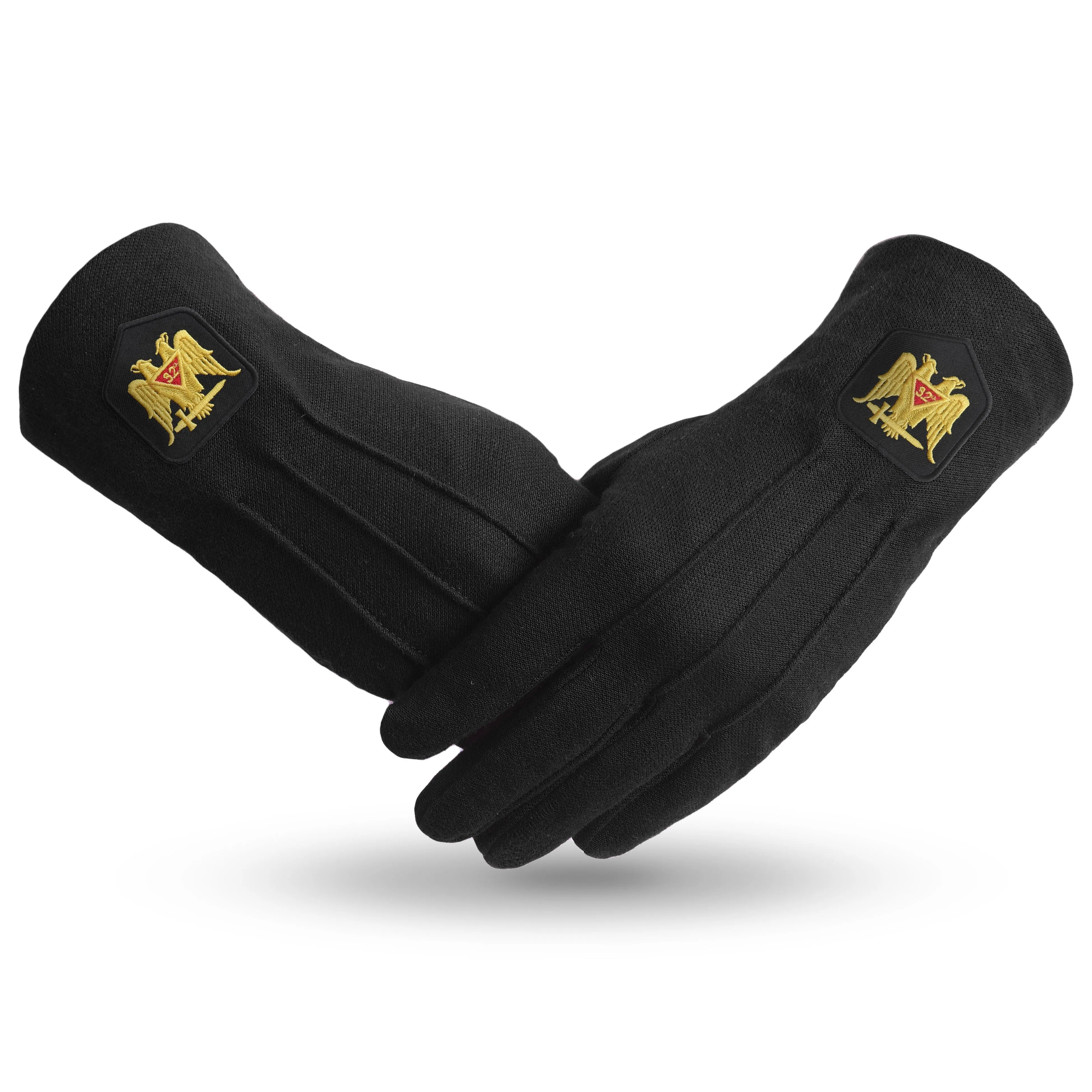 32nd Degree Scottish Rite Gloves - Black Cotton With Double Eagle