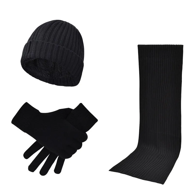 Autumn and winter men's and women's knitted thickening warm wool hat scarf gloves three-piece set