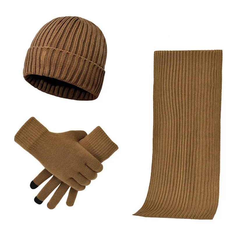 Autumn and winter men's and women's knitted thickening warm wool hat scarf gloves three-piece set