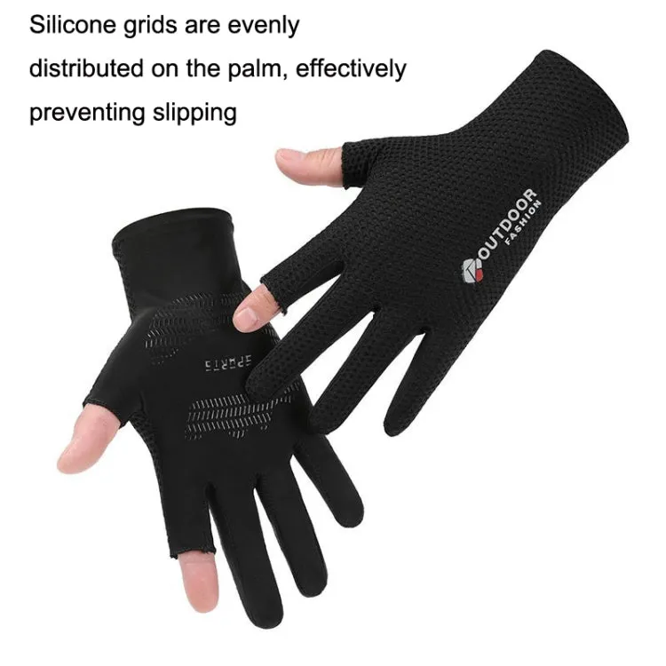 Cycling Thin Sunscreen UV Protection Mesh Breathable Ice Silk Two-finger Gloves(Black)