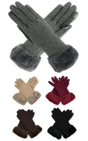 DBG501 Solid Color Screen-Touch Gloves W/Fur Cuffs 12prs PK