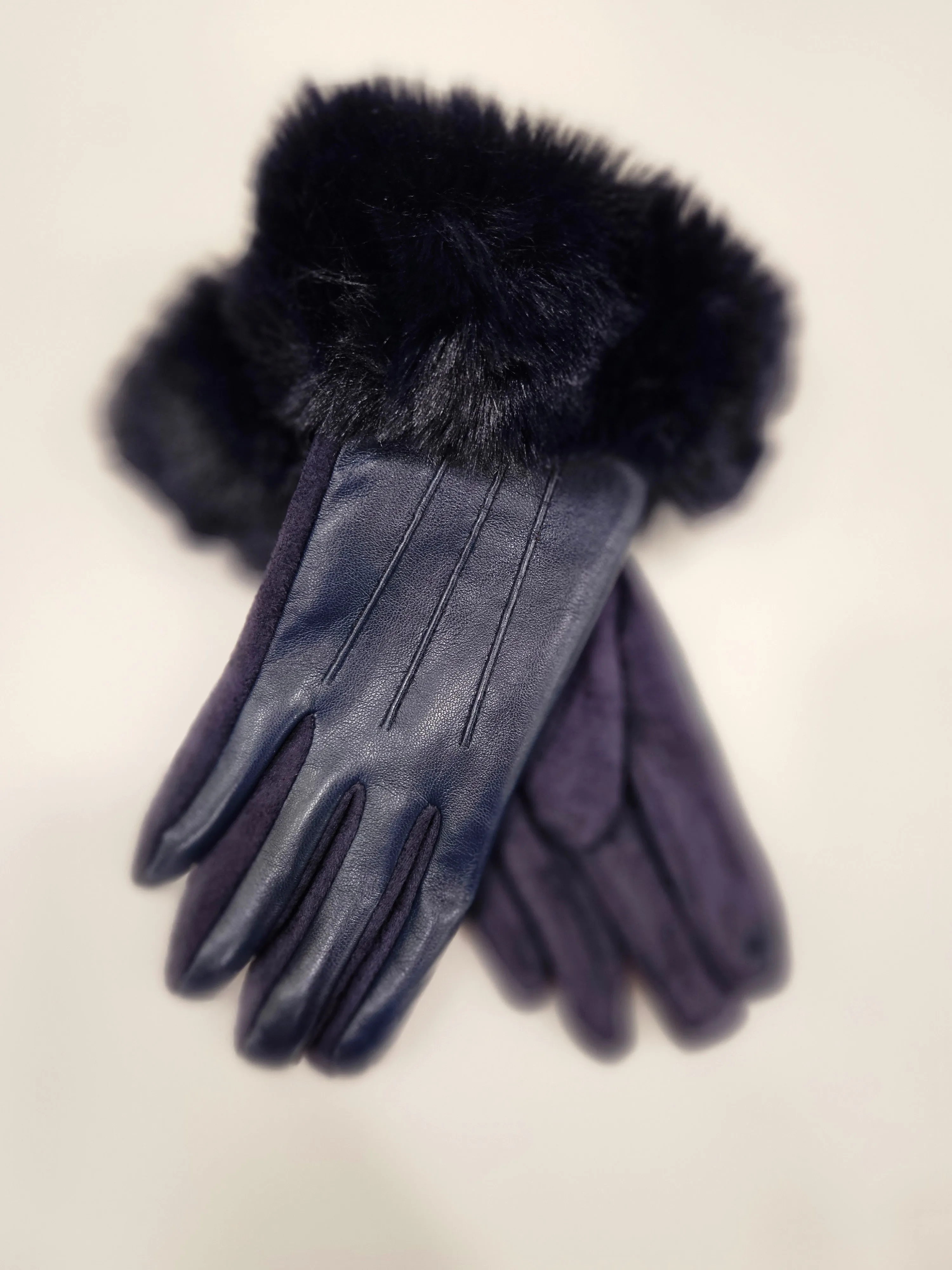 Faux Leather and Suede Velvet lined gloves with Fur Cuffs. All Colours