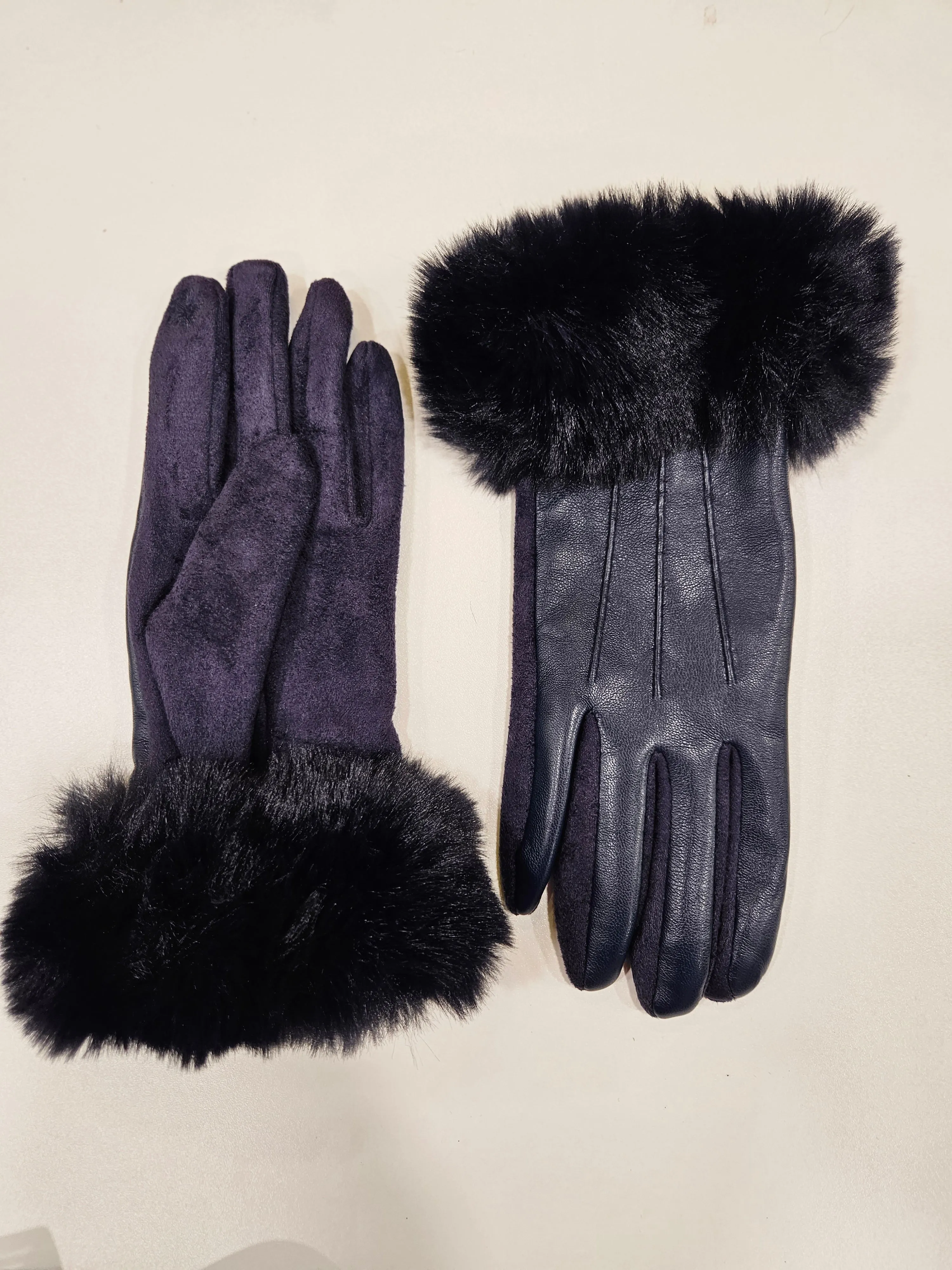 Faux Leather and Suede Velvet lined gloves with Fur Cuffs. All Colours