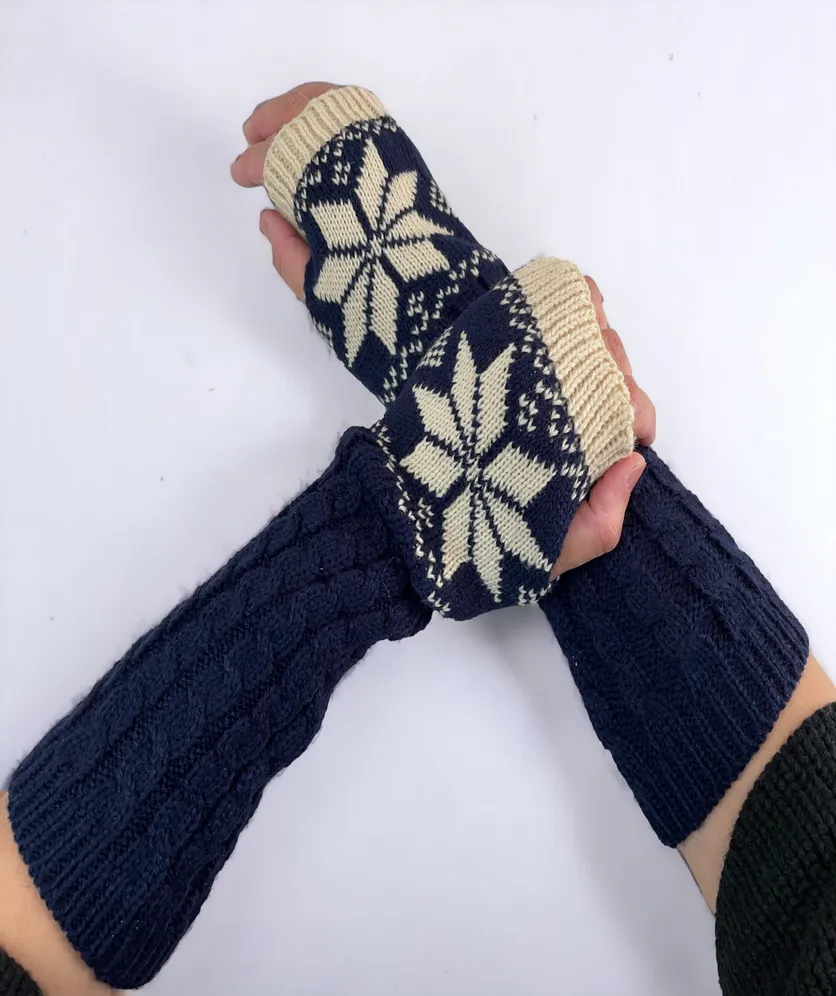 Fingerless Gloves Women Winter Knit Arm Warmers Long Snowflake