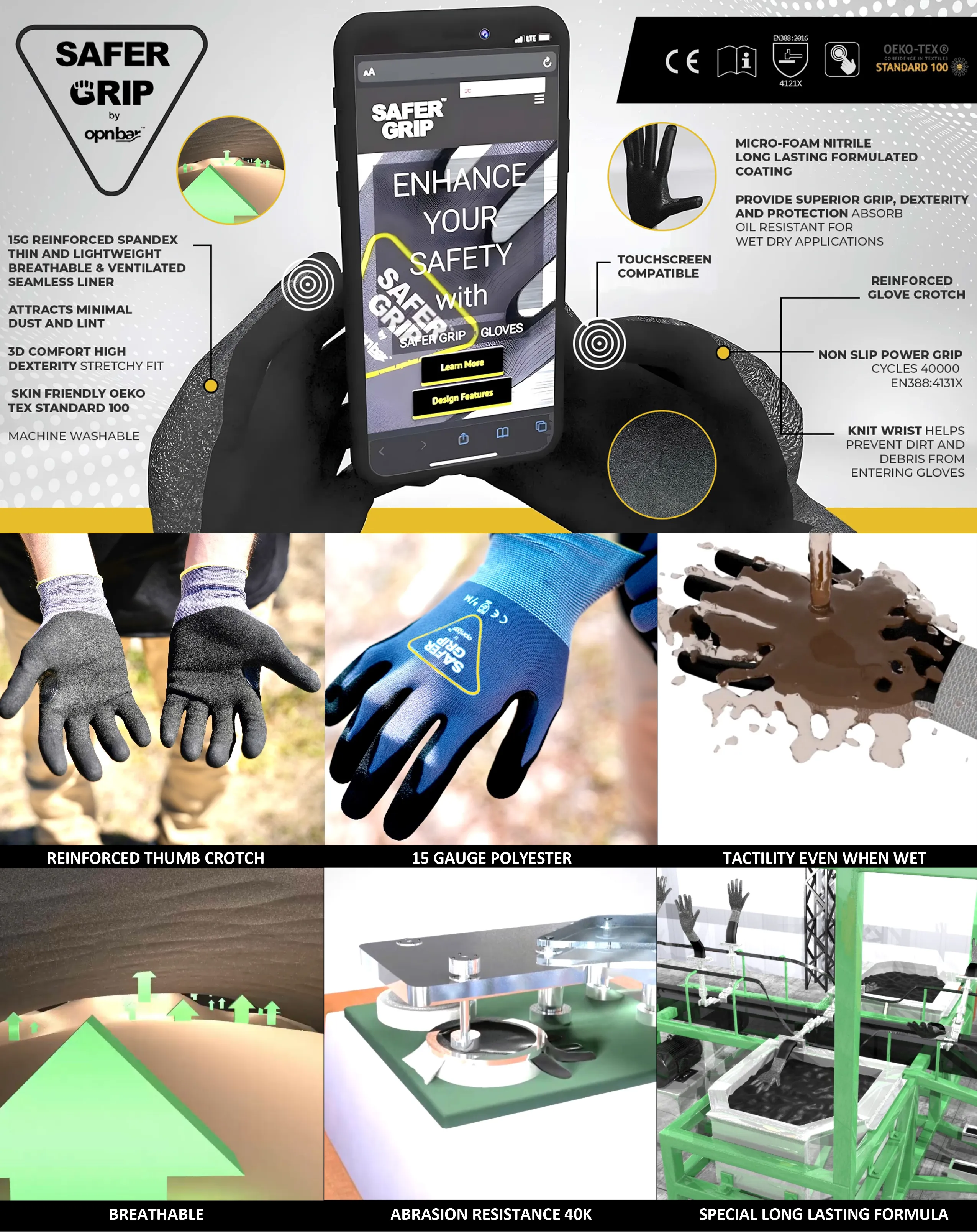 Gardening Gloves - Nitrile Coated Gloves with Touchscreen - Safer Grip by OPNBAR™ (2-Pack)