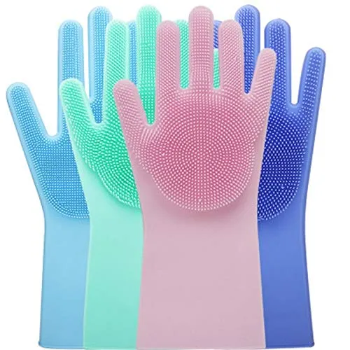 Magic Dish washing Gloves with scrubber, Silicone Cleaning Reusable Scrub Gloves for Wash Dish,Kitchen, Bathroom(Blue,1 Pair: Right   Left Hand)