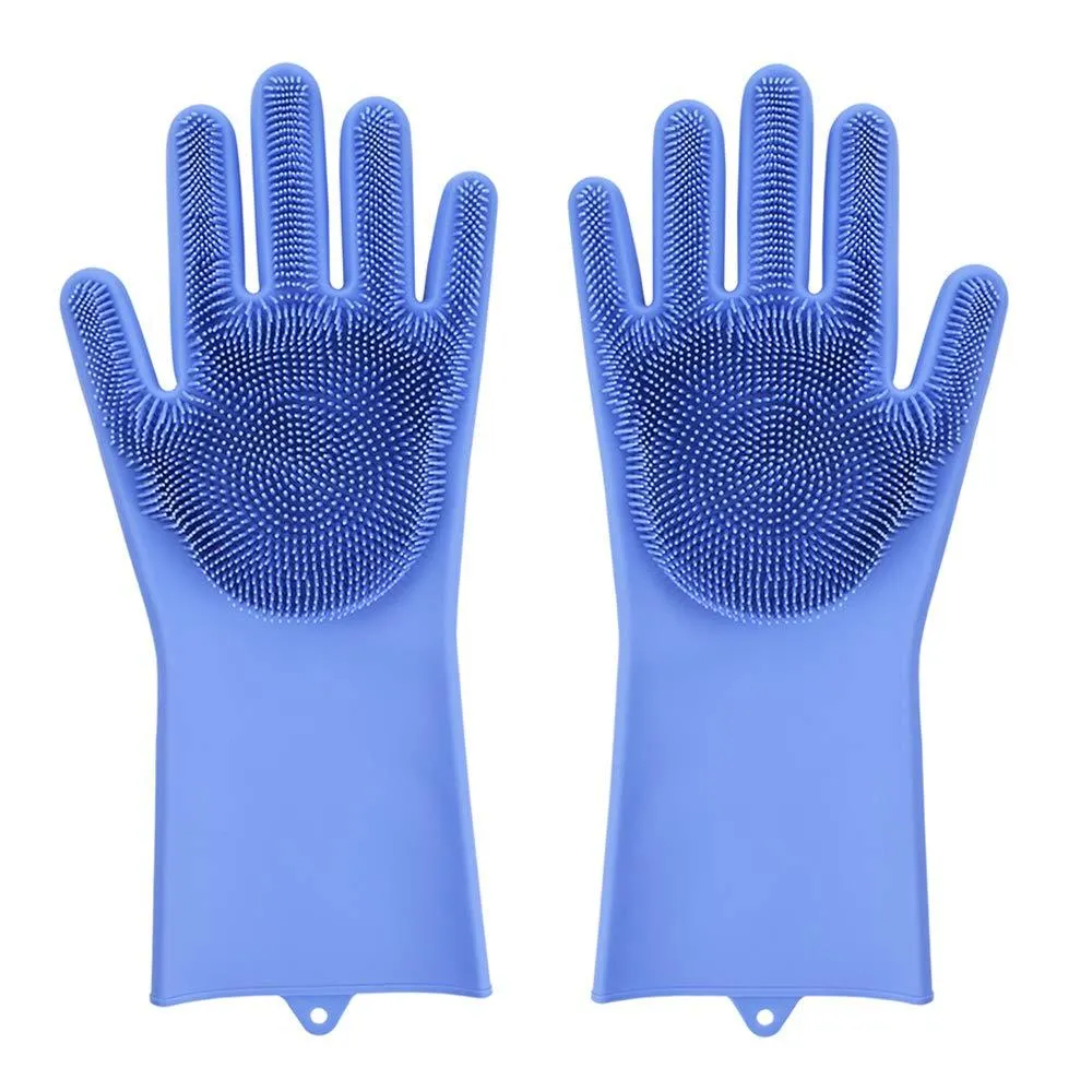 Magic Dish washing Gloves with scrubber, Silicone Cleaning Reusable Scrub Gloves for Wash Dish,Kitchen, Bathroom(Blue,1 Pair: Right   Left Hand)