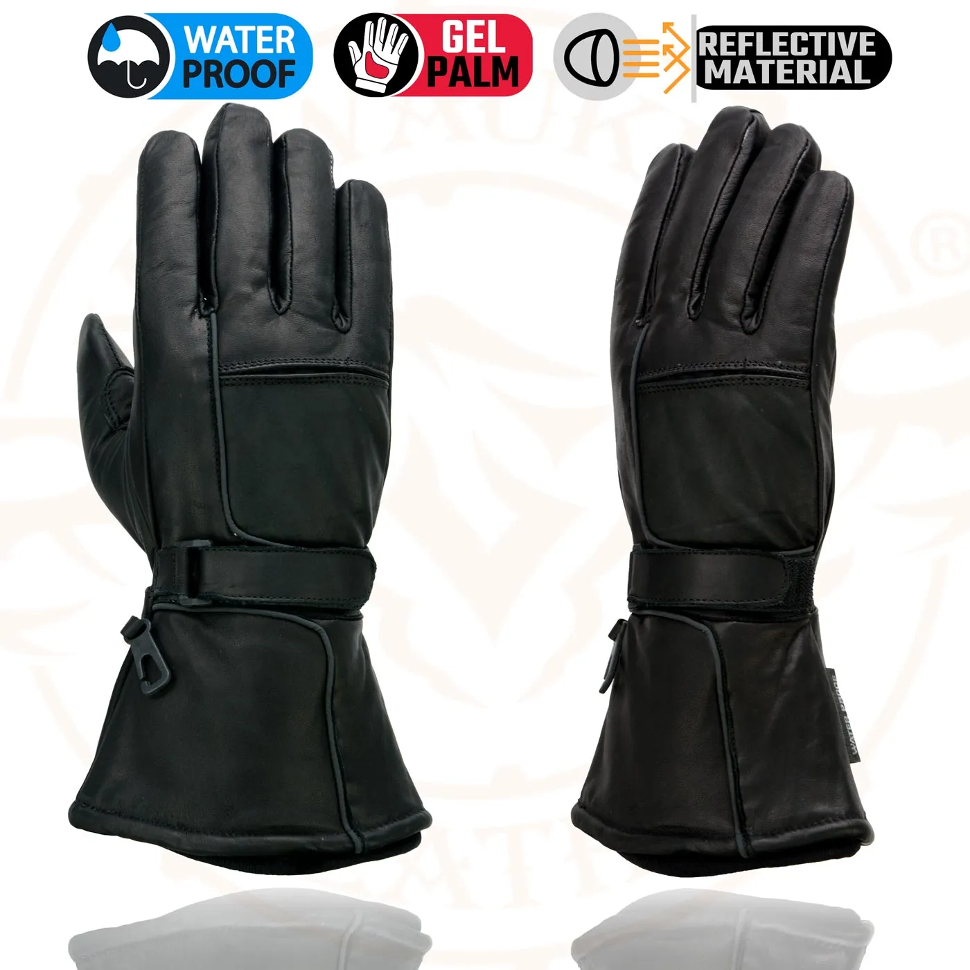 Milwaukee Leather Men's Black Soft Leather Gauntlet Motorcycle Hand Gloves-Waterproof Gel Palm Reflective Piping SH873