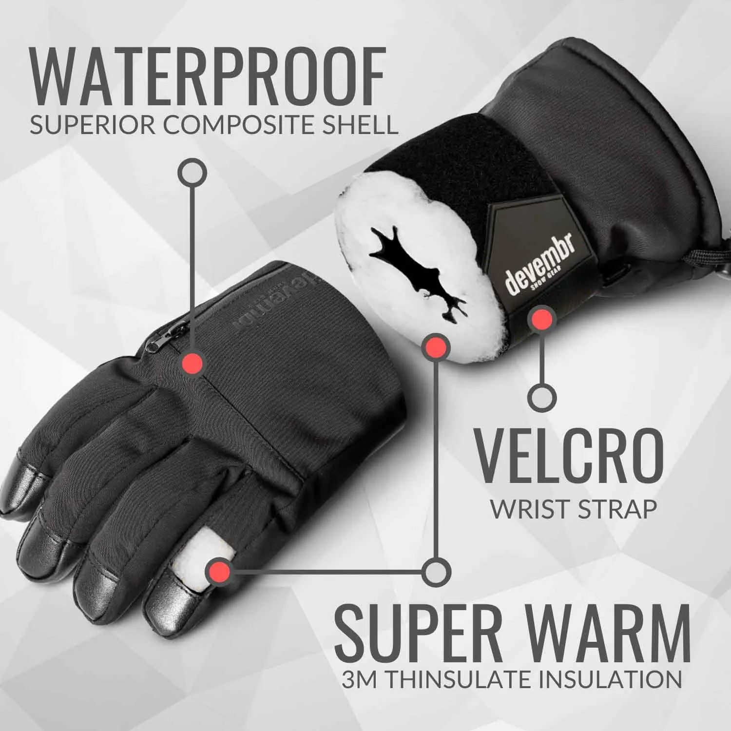 Snowboard & Ski Gloves with Wrist Guard (Black/Grey)