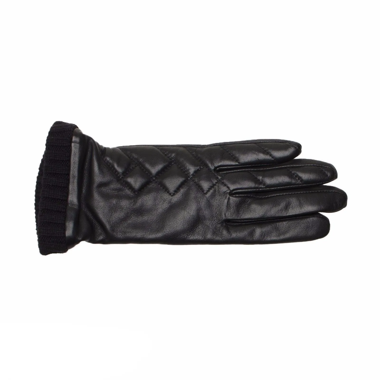 UGG TECH QUILTED BLACK LEATHER GLOVES WITH KNIT CUFF WOMEN’S SIZE S NEW