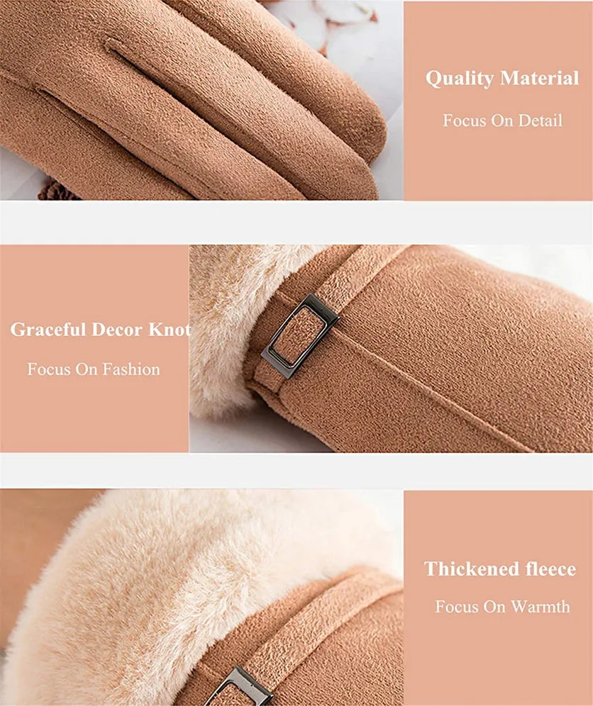 Women Winter Gloves Warm Ladies Touch Screen Gloves Suede Buckle