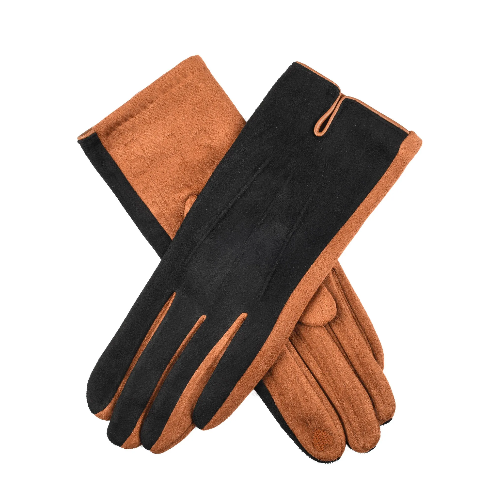 Women’s Touchscreen Three-Point Velour-Lined Faux Suede Gloves with Two-Tone Design