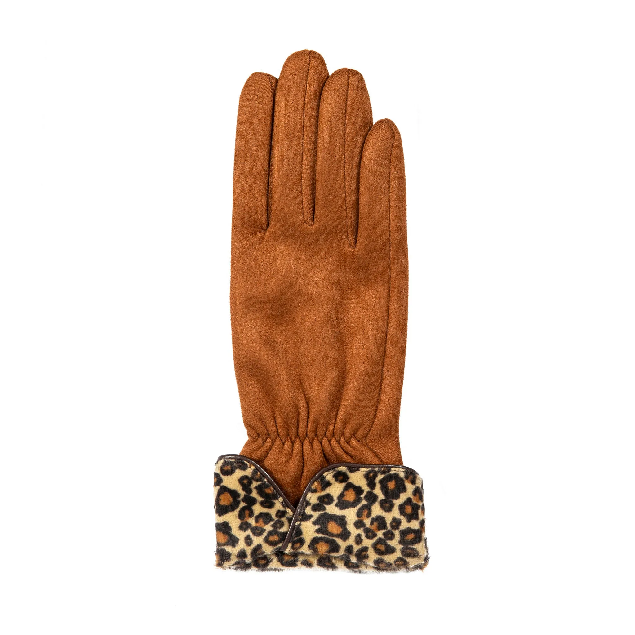 Women’s Touchscreen Velour-Lined Faux Suede Gloves with Faux Fur Leopard Print Cuffs