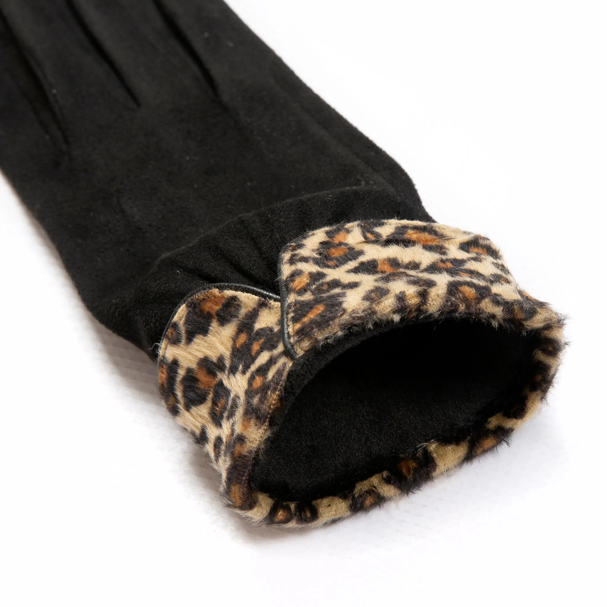 Women’s Touchscreen Velour-Lined Faux Suede Gloves with Faux Fur Leopard Print Cuffs