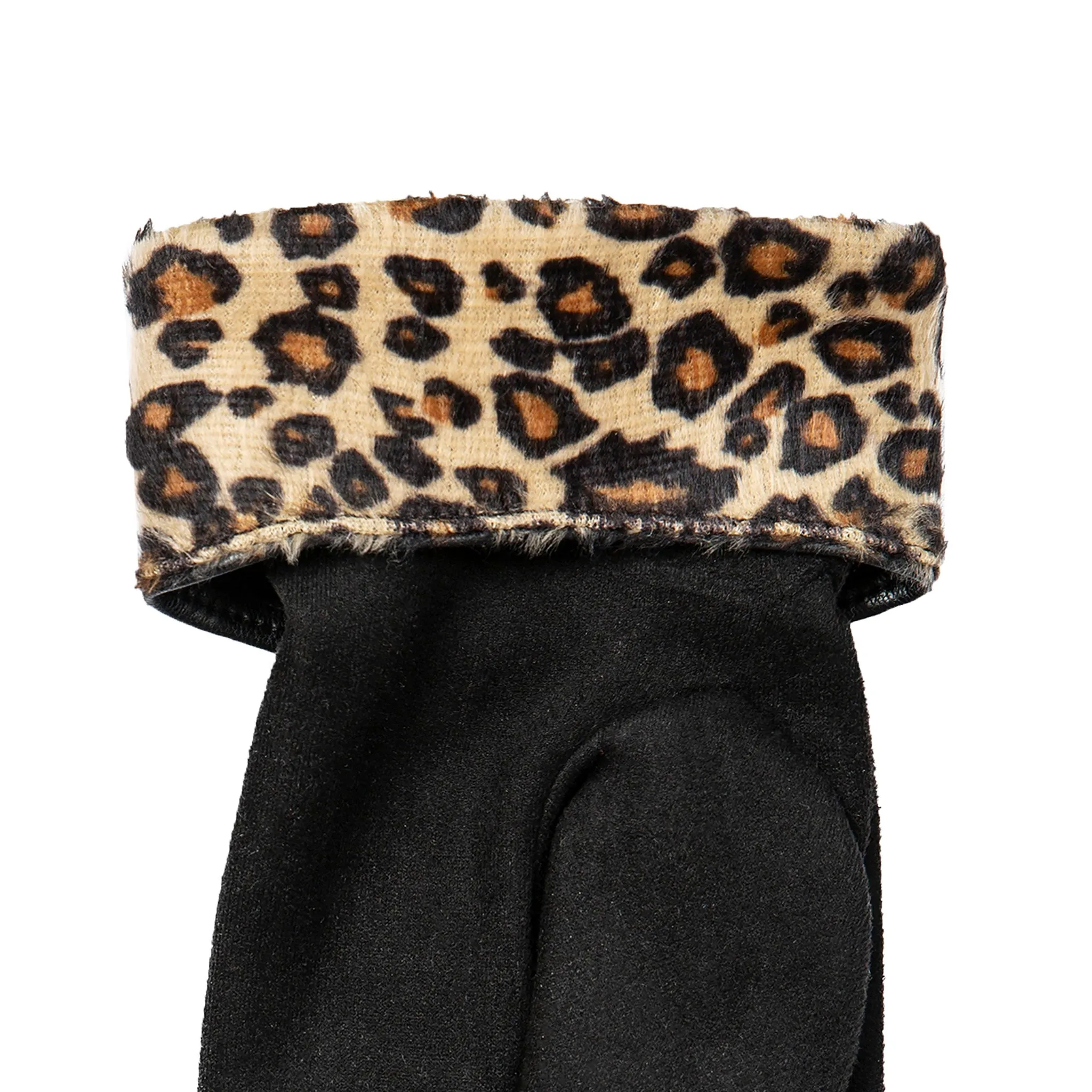 Women’s Touchscreen Velour-Lined Faux Suede Gloves with Faux Fur Leopard Print Cuffs