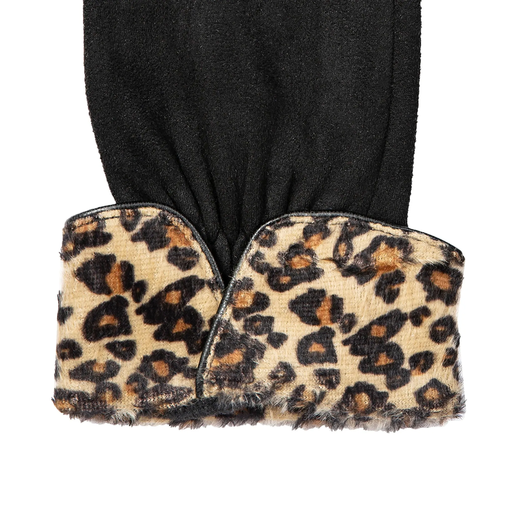 Women’s Touchscreen Velour-Lined Faux Suede Gloves with Faux Fur Leopard Print Cuffs