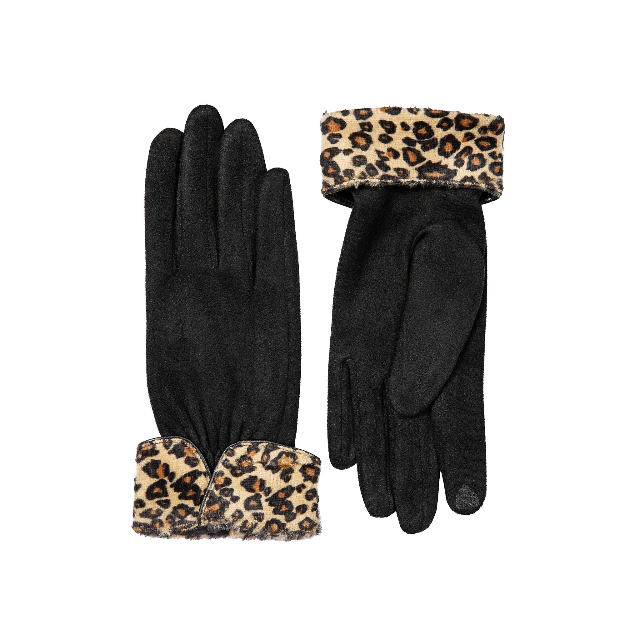 Women’s Touchscreen Velour-Lined Faux Suede Gloves with Faux Fur Leopard Print Cuffs