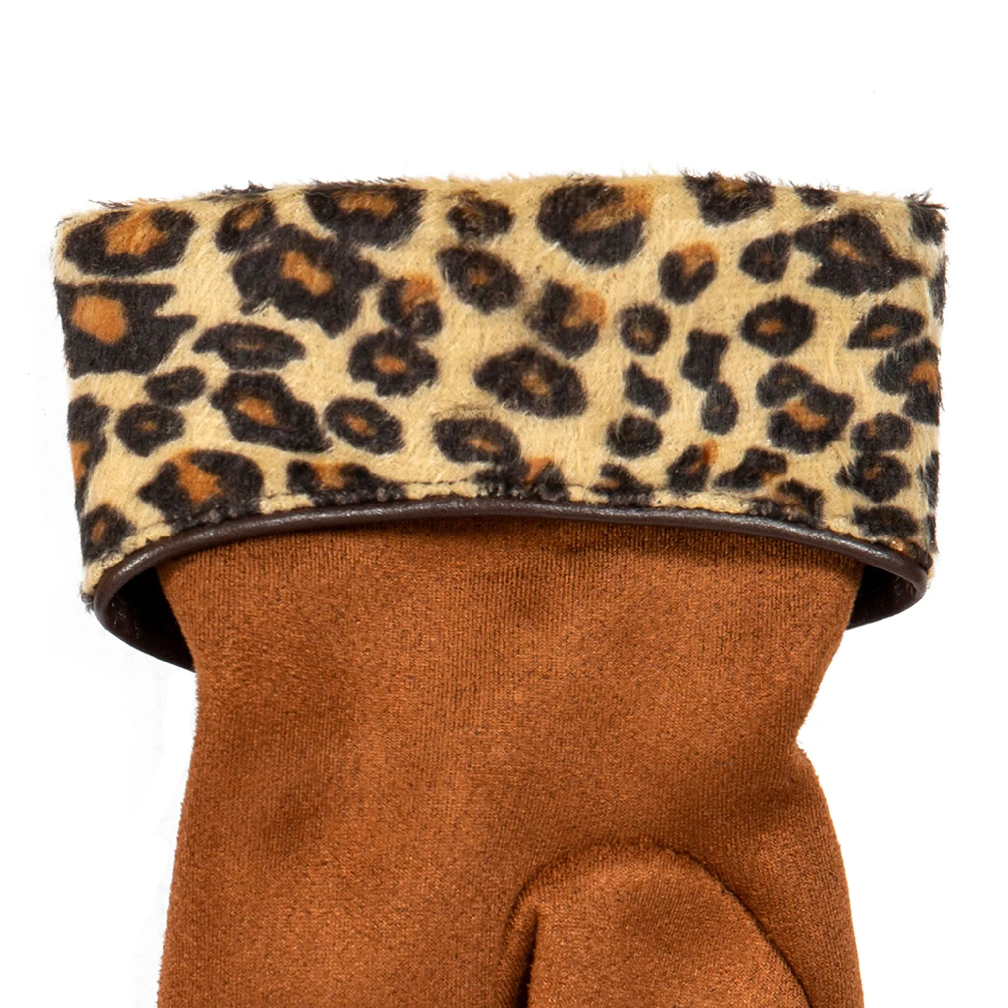 Women’s Touchscreen Velour-Lined Faux Suede Gloves with Faux Fur Leopard Print Cuffs