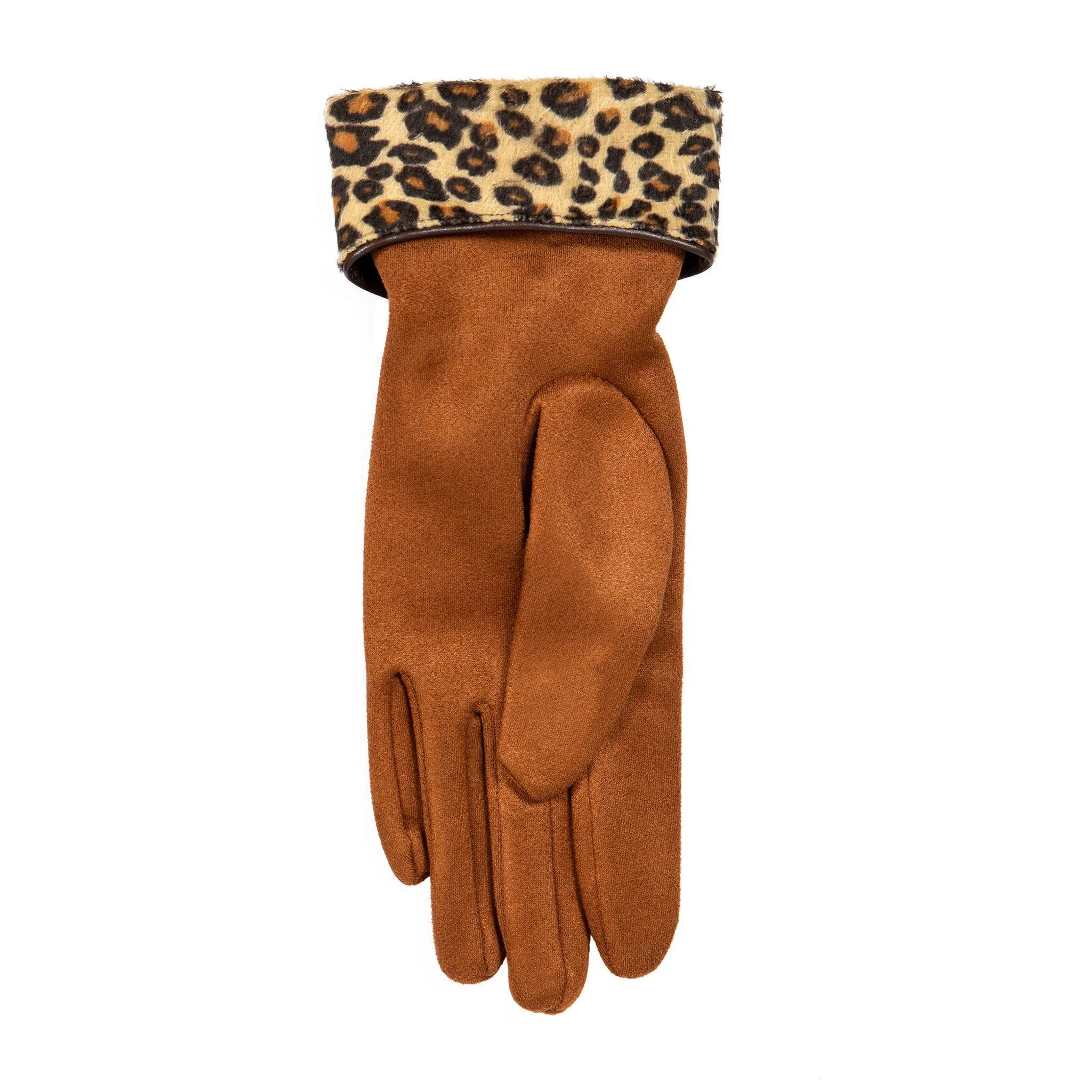 Women’s Touchscreen Velour-Lined Faux Suede Gloves with Faux Fur Leopard Print Cuffs