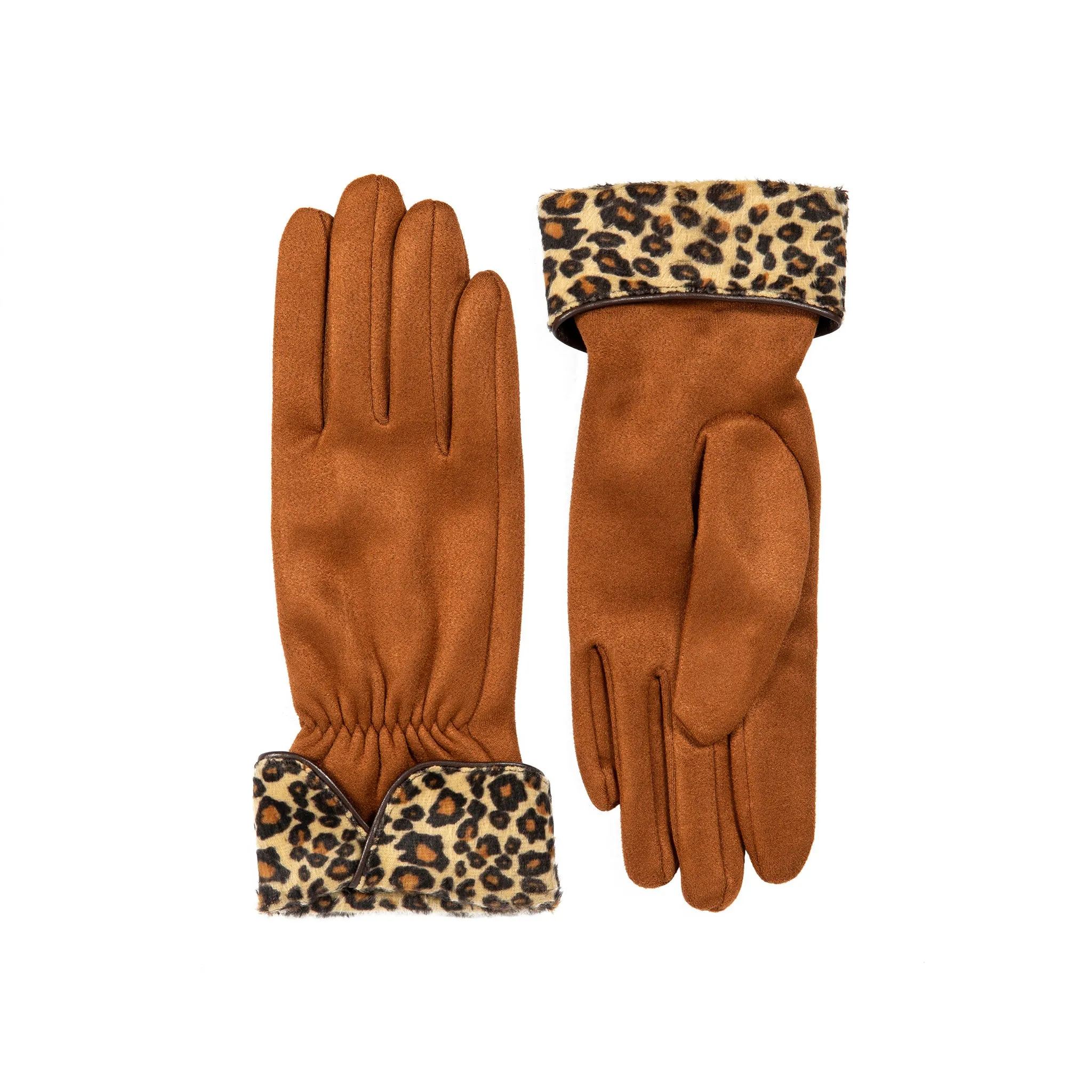 Women’s Touchscreen Velour-Lined Faux Suede Gloves with Faux Fur Leopard Print Cuffs