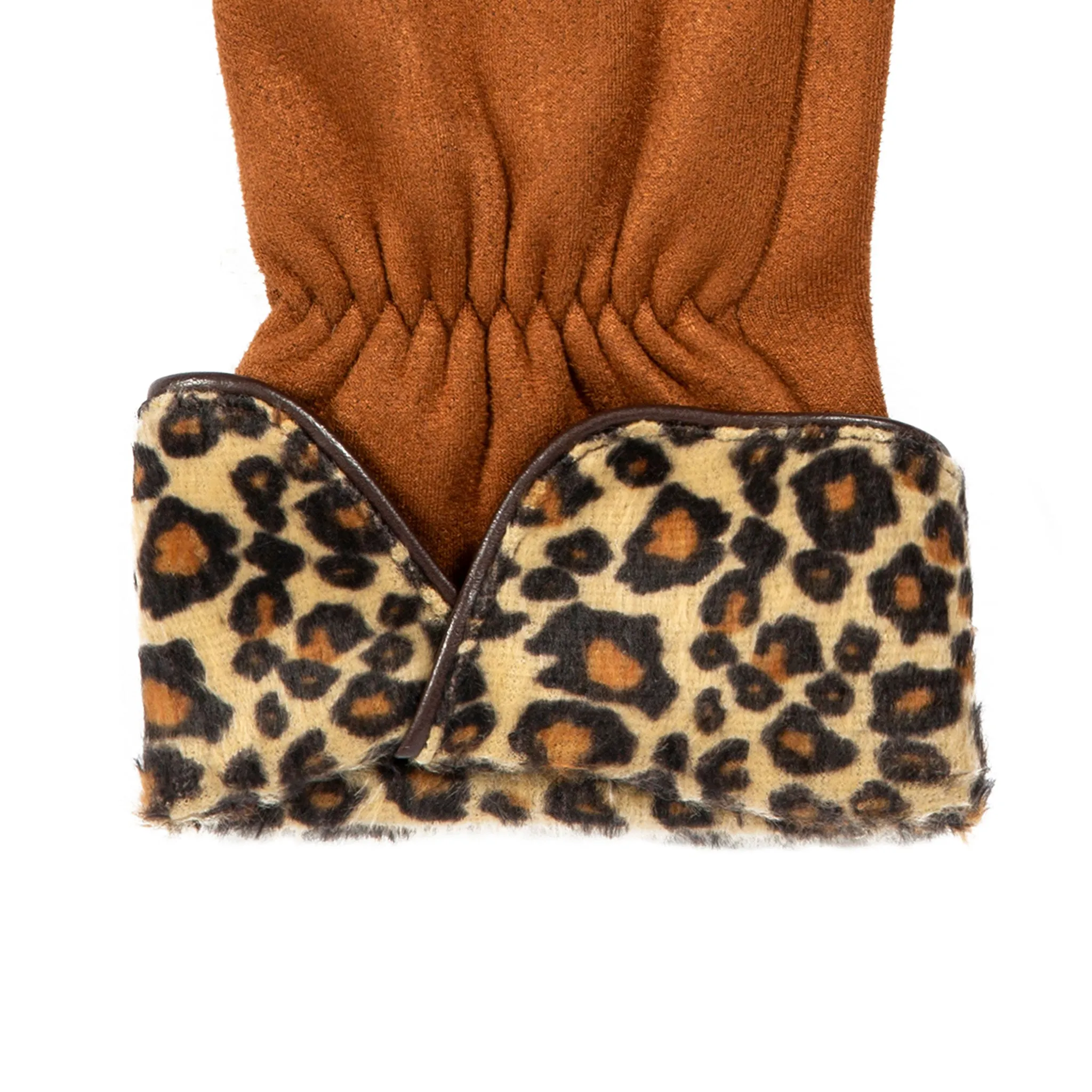 Women’s Touchscreen Velour-Lined Faux Suede Gloves with Faux Fur Leopard Print Cuffs