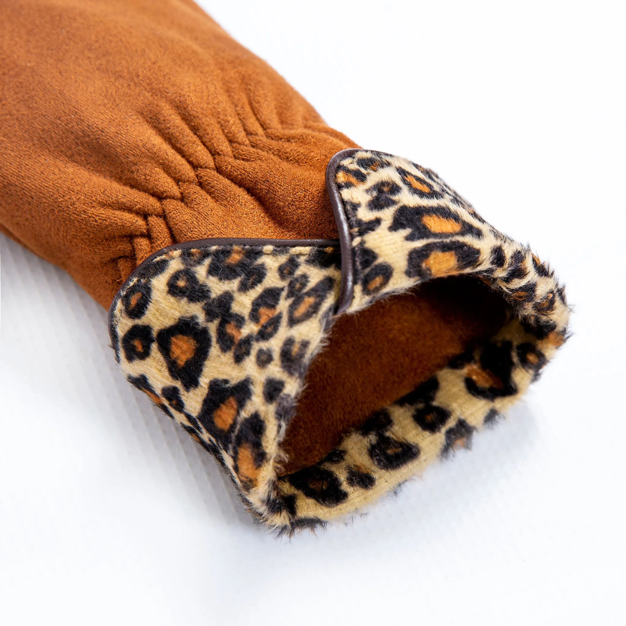 Women’s Touchscreen Velour-Lined Faux Suede Gloves with Faux Fur Leopard Print Cuffs