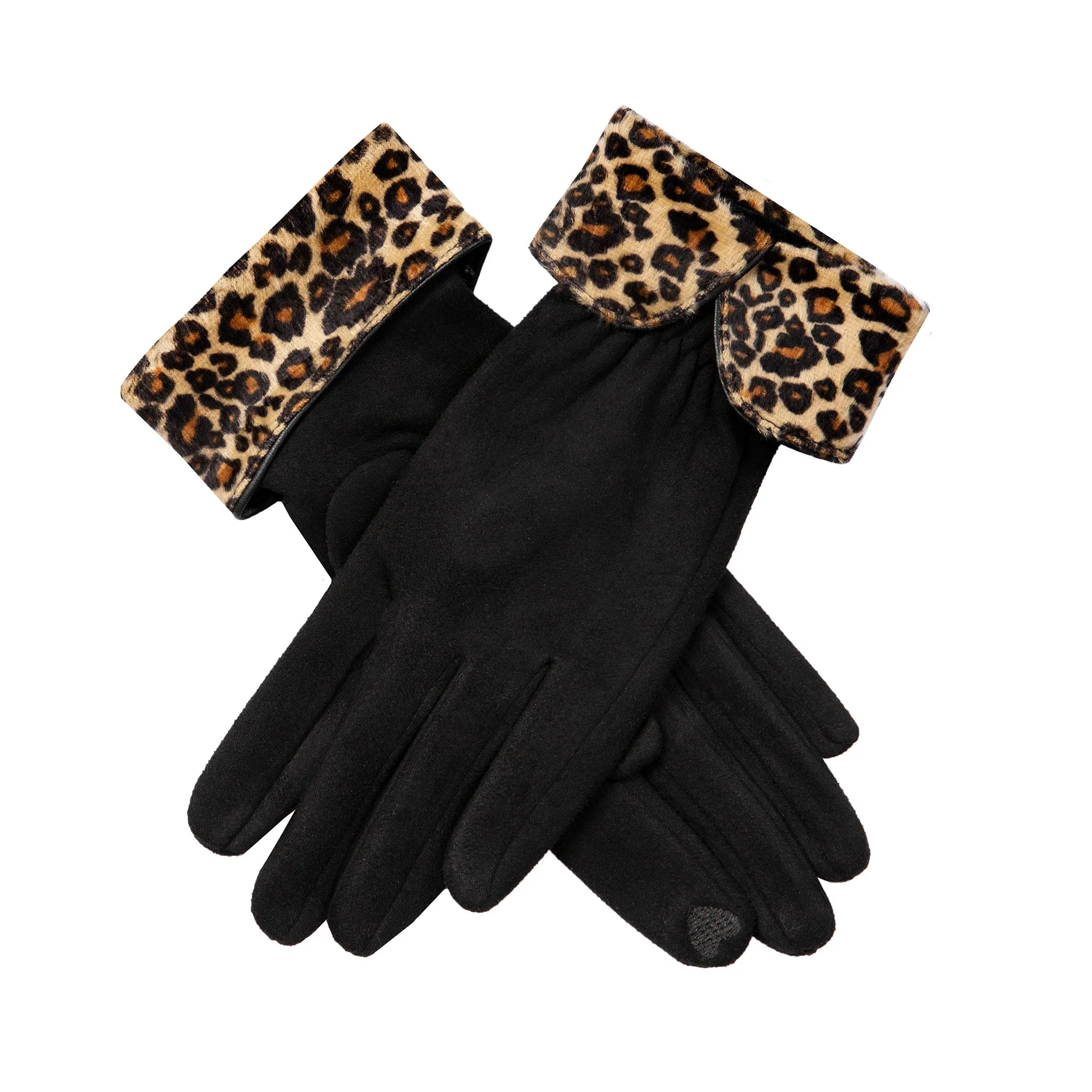 Women’s Touchscreen Velour-Lined Faux Suede Gloves with Faux Fur Leopard Print Cuffs