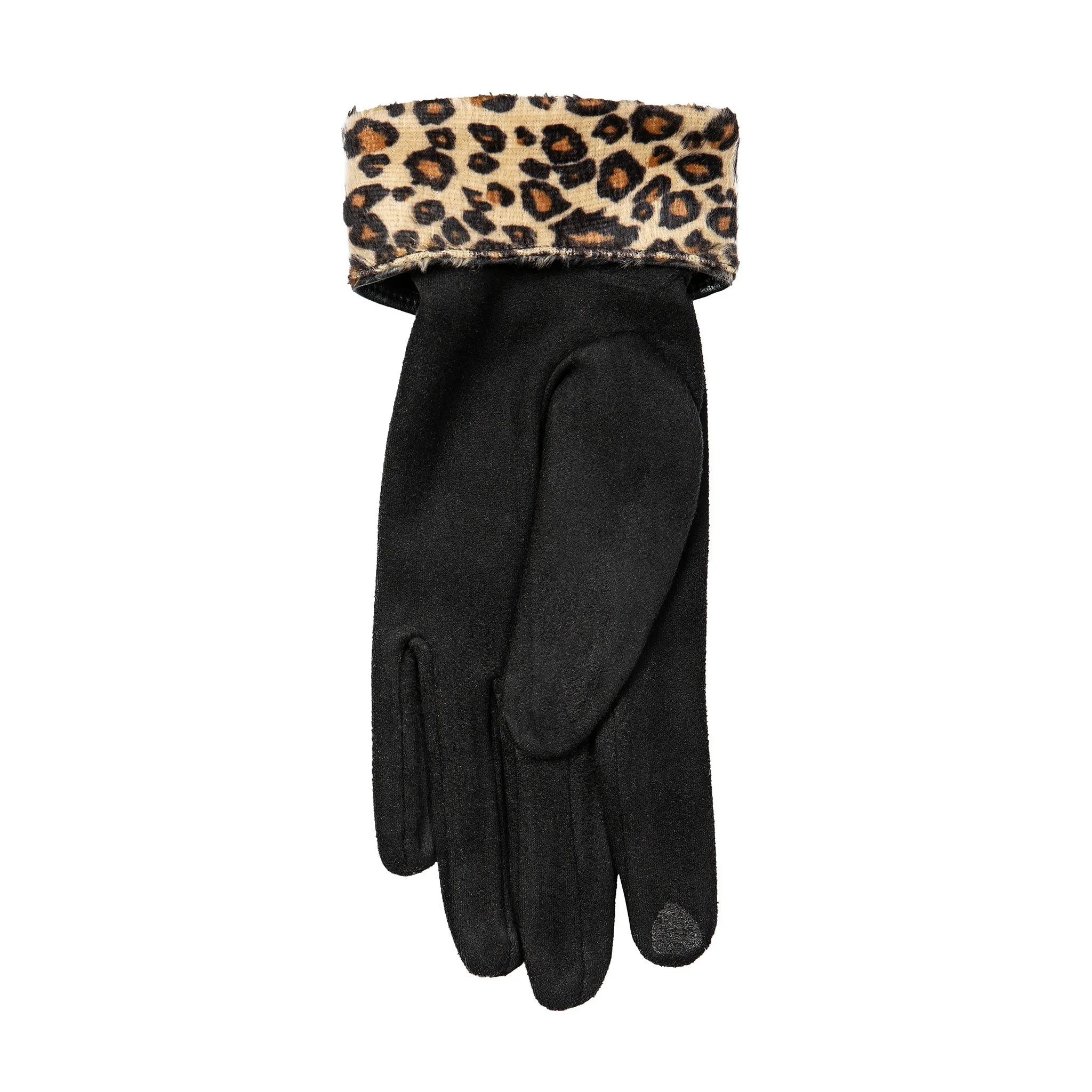 Women’s Touchscreen Velour-Lined Faux Suede Gloves with Faux Fur Leopard Print Cuffs