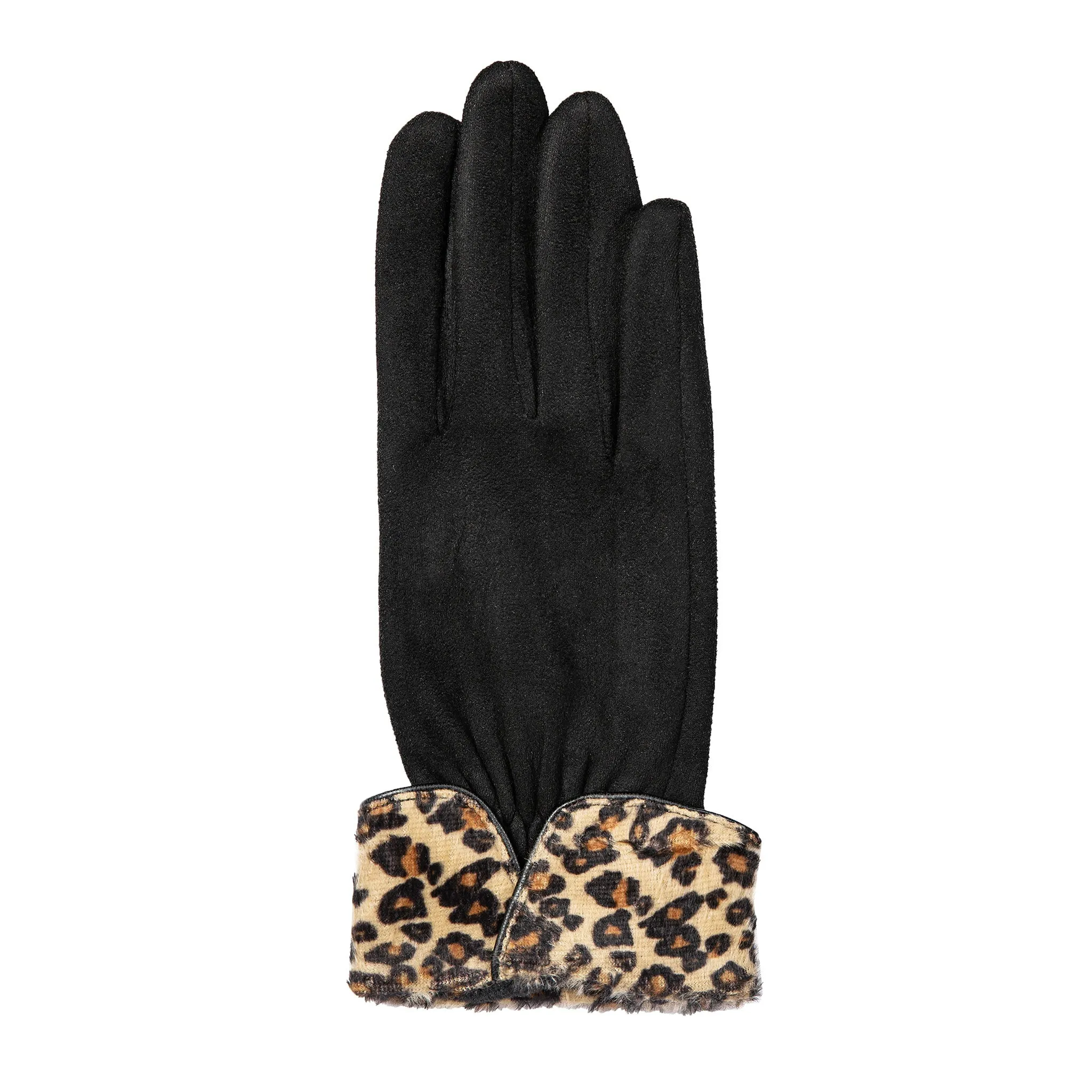 Women’s Touchscreen Velour-Lined Faux Suede Gloves with Faux Fur Leopard Print Cuffs