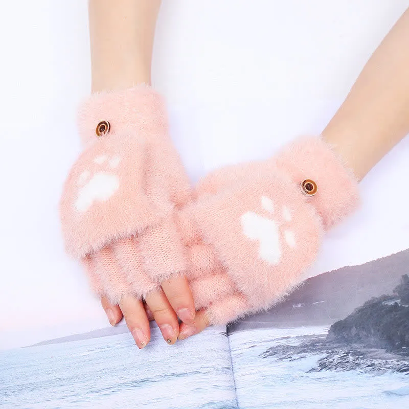 Women's Warm Cat Paw Print Mittens Fluffy Gloves